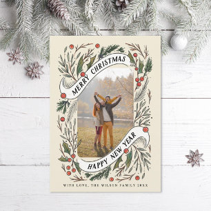 Merry Christmas Happy New Year Pine Holly Photo Holiday Card