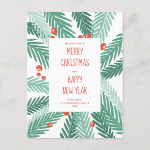 Merry Christmas. Happy new year. Pines. Modern Holiday Postcard