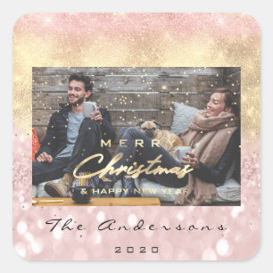 Merry Christmas Happy New Year Pink Gold Photo Square Sticker