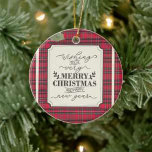 Merry Christmas Happy New Year Plaid Ceramic Tree Decoration