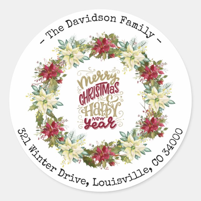 Merry Christmas Happy New Year Poinsettia Wreath Classic Round Sticker (Front)