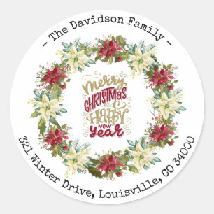 Merry Christmas Happy New Year Poinsettia Wreath Classic Round Sticker