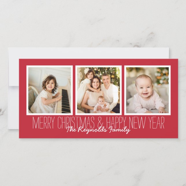 Merry Christmas Happy New Year Red 3 Photo Overlay Holiday Card (Front)