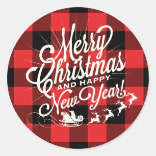 Merry Christmas Happy New Year Red Black Check Classic Round Sticker