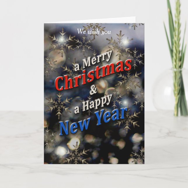 Merry Christmas Happy New Year Red Blue Silver Holiday Card (Front)