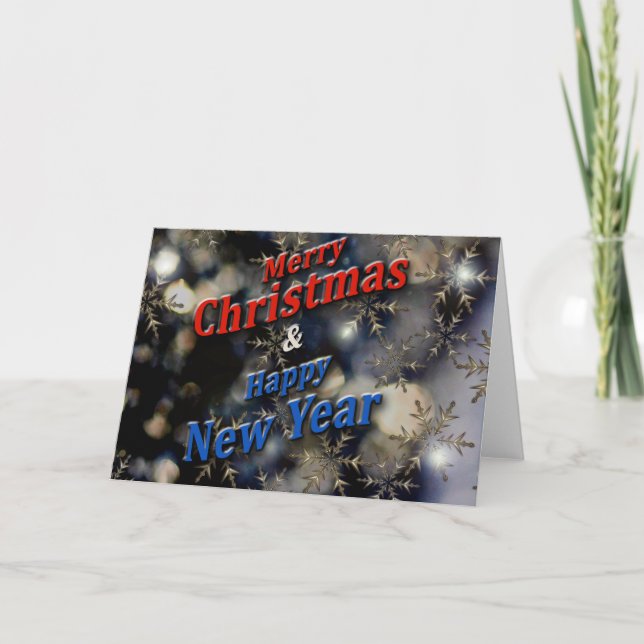 Merry Christmas Happy New Year Red Blue Silver Holiday Card (Front)