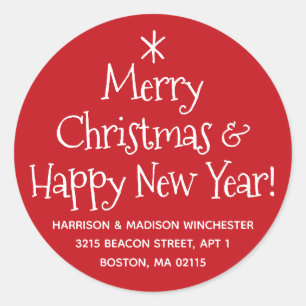 Merry Christmas Happy New Year red cute address Classic Round Sticker