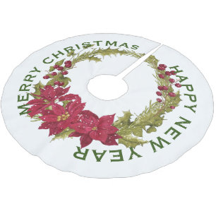MERRY CHRISTMAS / HAPPY NEW YEAR, RED POINSETTIA BRUSHED POLYESTER TREE SKIRT