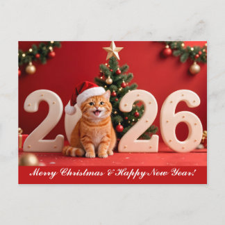 Merry Christmas & Happy New Year, Red Santa Cat Postcard
