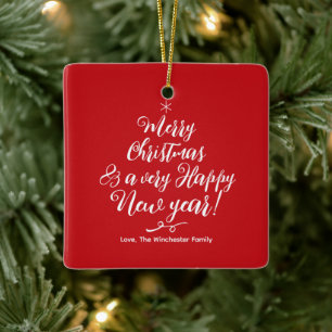 Merry Christmas Happy New Year red script photo Ceramic Ornament