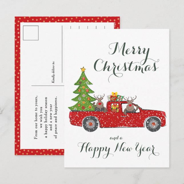 Merry Christmas, Happy New Year Red Truck and Tree Holiday Postcard (Front/Back)