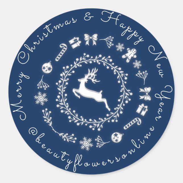 Merry Christmas Happy New Year Reindeer Blue Navy Classic Round Sticker (Front)