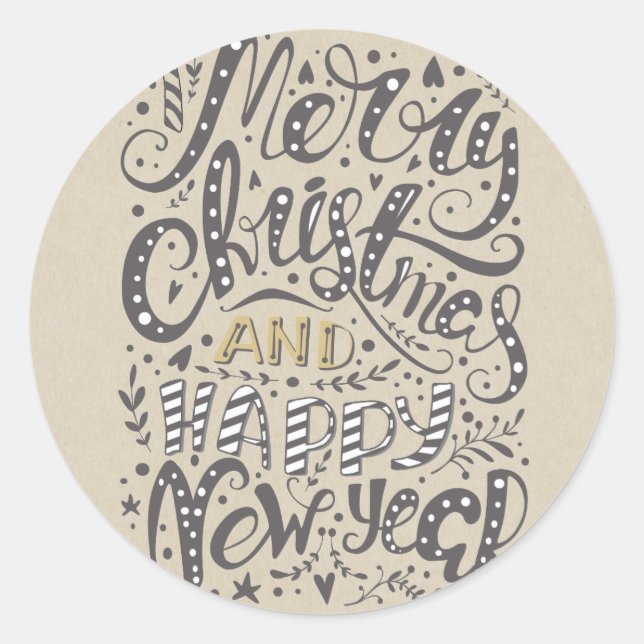 MERRY CHRISTMAS HAPPY NEW YEAR Rustic Holiday Classic Round Sticker (Front)