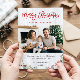 Merry Christmas Happy New Year Rustic White Wood Holiday Card