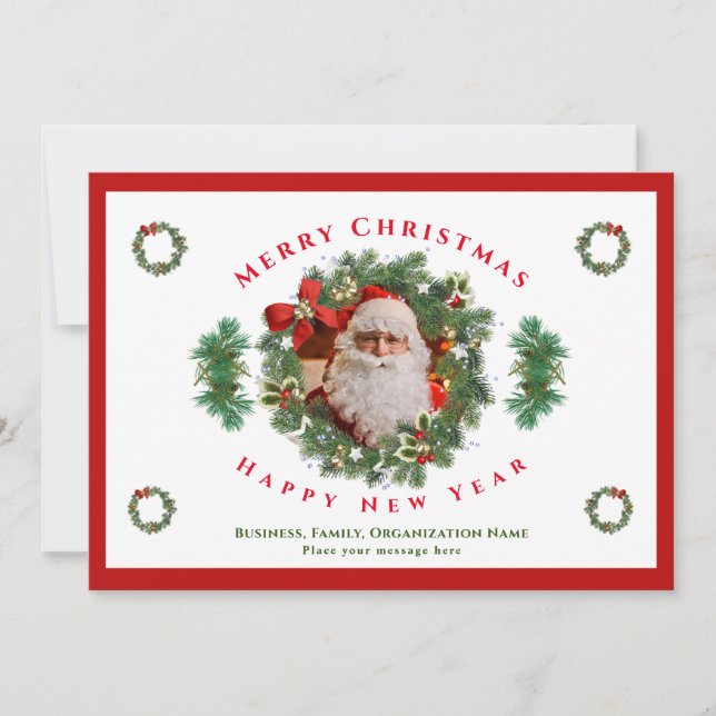 Merry Christmas Happy New Year Santa Photo Custom Holiday Card (Front)