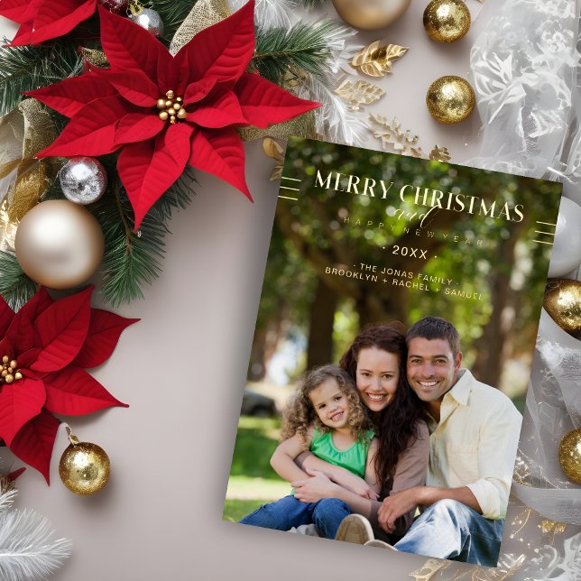 Merry Christmas Happy New Year Script Custom Photo Foil Holiday Card (Merry Christmas Happy New Year Script Custom Photo Metallic Foil Holidays Card. )