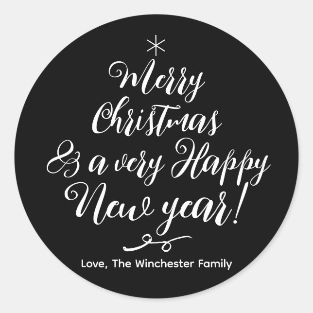 Merry Christmas Happy New Year script typography Classic Round Sticker (Front)