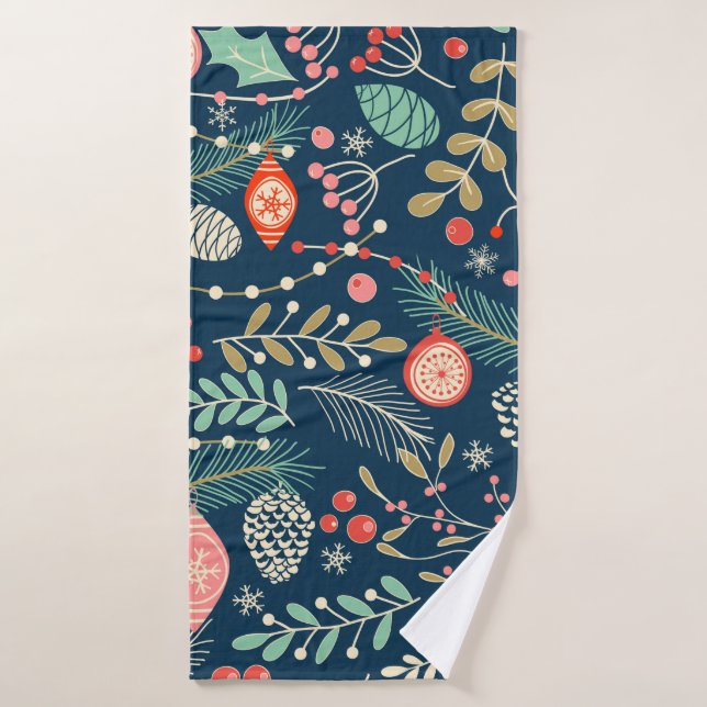 Merry Christmas, Happy New Year seamless pattern w Bath Towel (Bath Towel)