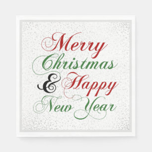 Merry Christmas Happy New Year Silver Glitter Napkin
