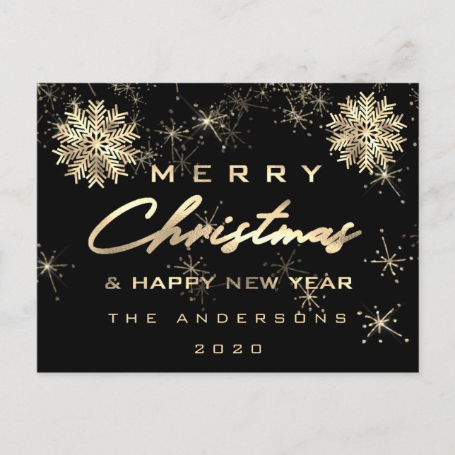 Merry Christmas Happy New Year Snow Gold Black Postcard (Front)