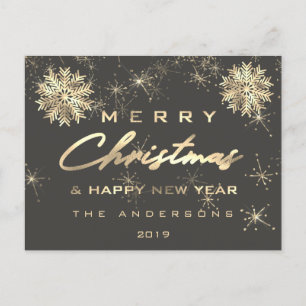 Merry Christmas Happy New Year Snow Gold Grey Grey Postcard