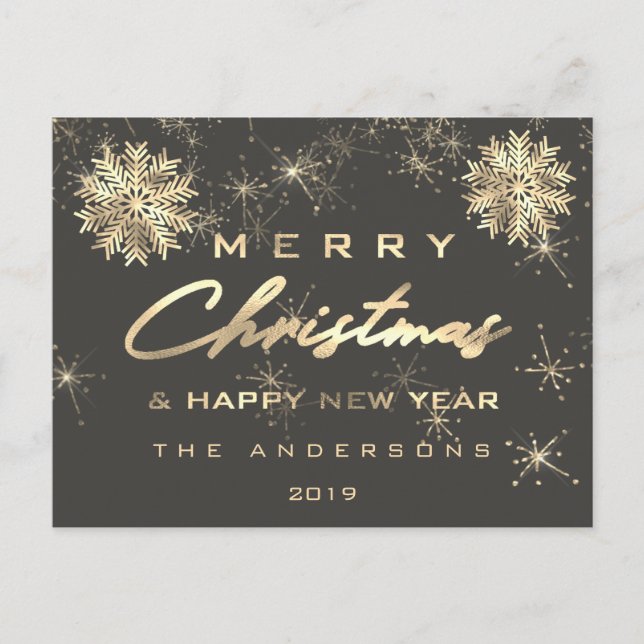 Merry Christmas Happy New Year Snow Gold Grey Grey Postcard (Front)