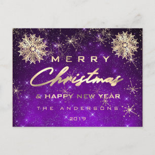 Merry Christmas Happy New Year Snow Gold Sky Purpl Postcard