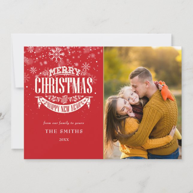 Merry Christmas Happy New Year Snowflakes Photo Holiday Card (Front)