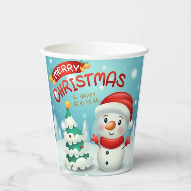 Merry Christmas Happy New Year Snowman Cute Paper Cups (Front)