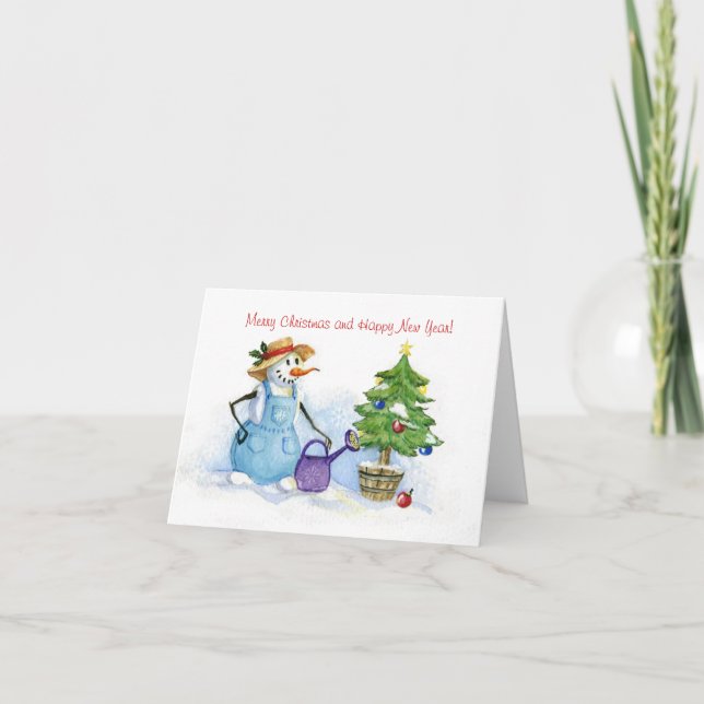 Merry Christmas Happy New Year snowman gardener Holiday Card (Front)
