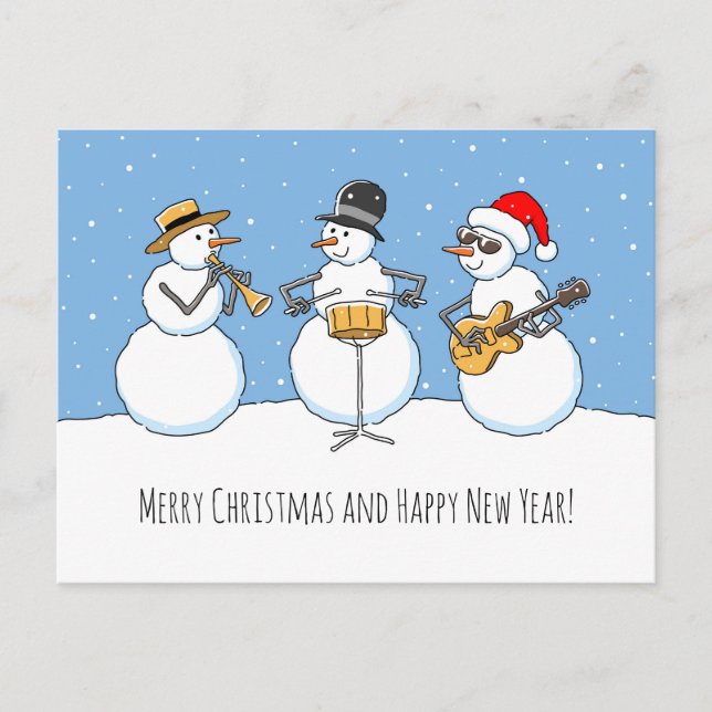 Merry Christmas Happy New Year Snowman Jazzband Holiday Postcard (Front)
