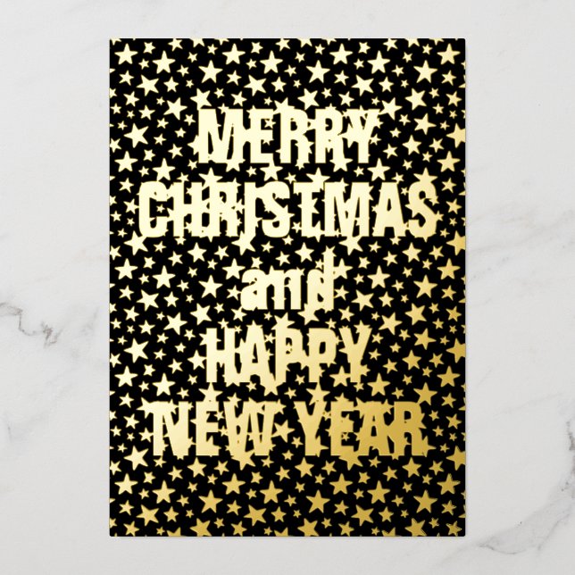 Merry Christmas Happy New Year star black and gold Foil Holiday Card (Front)