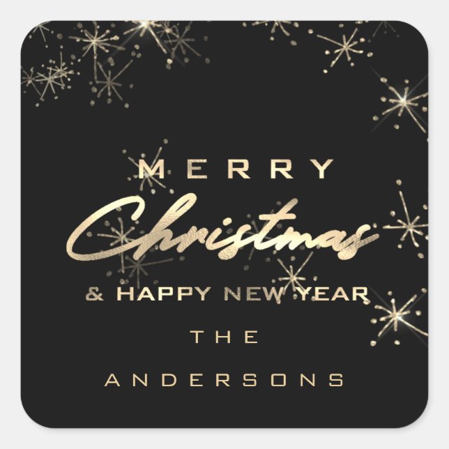 Merry Christmas Happy New Year Stars Black Spark Square Sticker (Front)