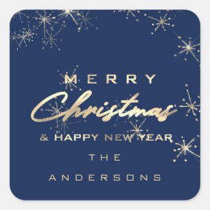 Merry Christmas Happy New Year Stars Navy Spark Square Sticker