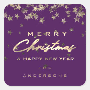 Merry Christmas Happy New Year Stars Purple Square Sticker