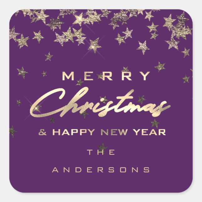 Merry Christmas Happy New Year Stars Purple Square Sticker (Front)