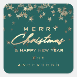 Merry Christmas Happy New Year Stars Teal Green Square Sticker