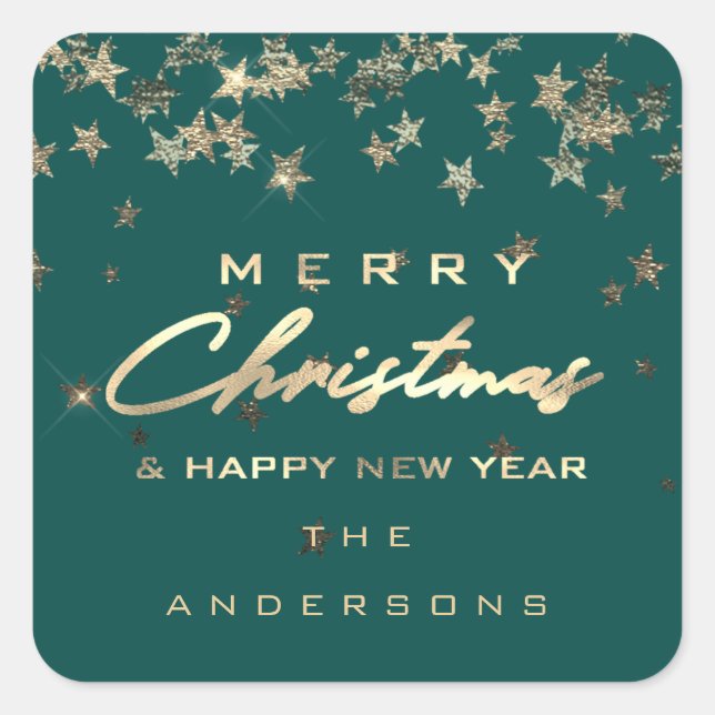 Merry Christmas Happy New Year Stars Teal Green Square Sticker (Front)