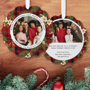 Merry Christmas Happy New Year Tartan Family Photo Tree Decoration Card