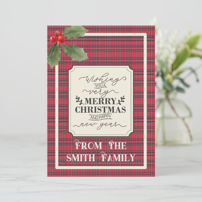 Merry Christmas & Happy New Year Tartan Name Holiday Card (Standing Front)