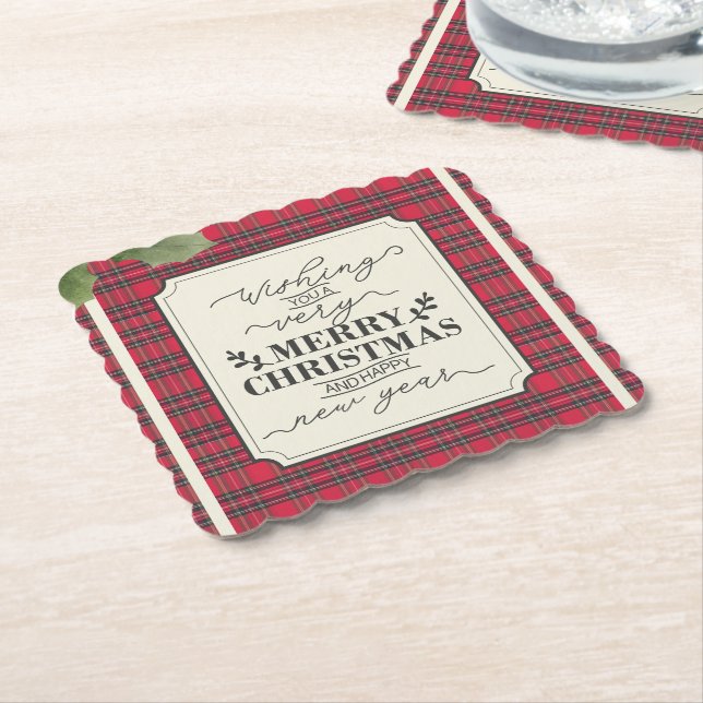 Merry Christmas & Happy New Year Tartan Name Paper Coaster (Angled)
