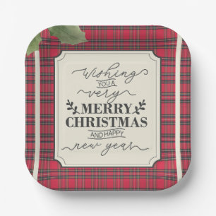 Merry Christmas & Happy New Year Tartan Name Paper Plate