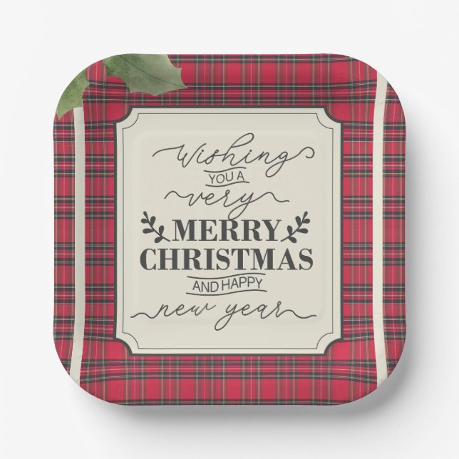 Merry Christmas & Happy New Year Tartan Name Paper Plate (Front)
