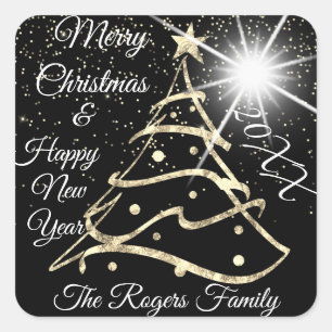 Merry Christmas & Happy New Year Tree Black Gold Square Sticker