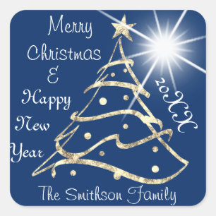 Merry Christmas & Happy New Year Tree Blue Navy Square Sticker