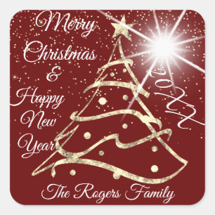 Merry Christmas & Happy New Year Tree BurgundyGold Square Sticker