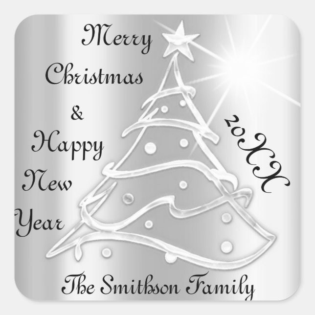 Merry Christmas & Happy New Year Tree Grey Silver  Square Sticker (Front)