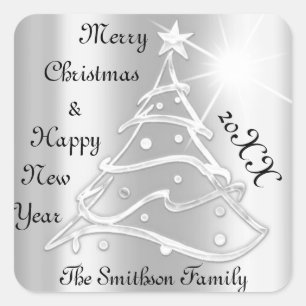 Merry Christmas & Happy New Year Tree Grey Silver  Square Sticker