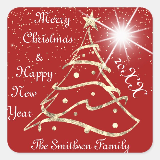 Merry Christmas & Happy New Year Tree Red Gold  Square Sticker (Front)