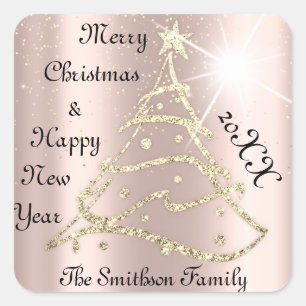 Merry Christmas & Happy New Year Tree Rose Glitter Square Sticker